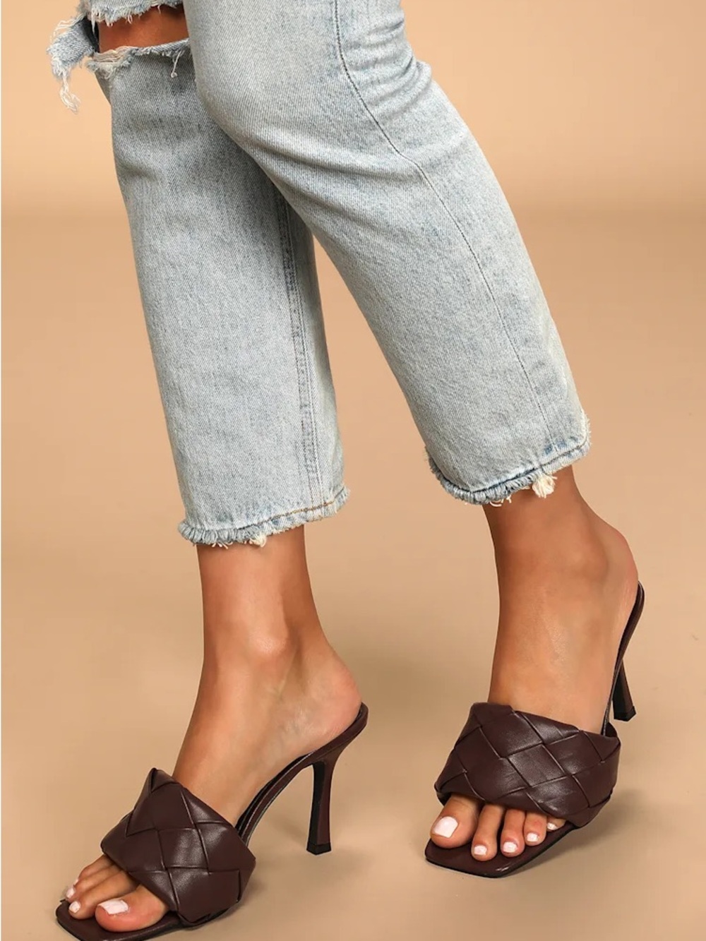 Billini Sandro Mahogany Woven Leather High Heel Mule Sandals 🌿